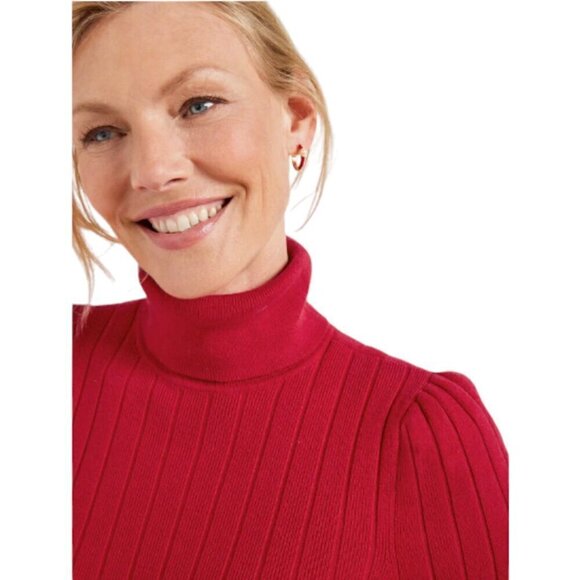 Talbots Puff Sleeve Ribbed Turtleneck Sweater, Red, XL - Picture 2 of 8